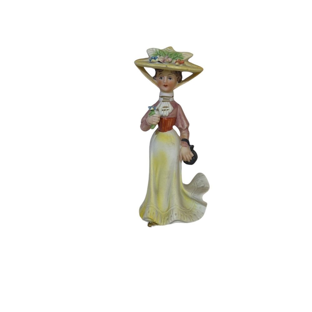 VTG Bisque Porcelain 5” Victorian Lady‎ Woman Yellow Floral Hat Purse Figurine